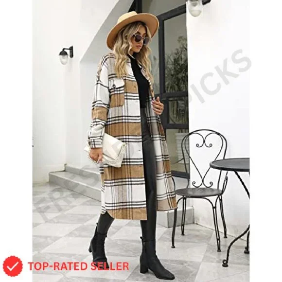 Oversized Plaid Trench Coat Women's Flannel Shacket Classic Fall Layering Piece